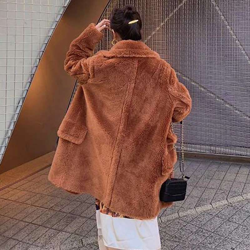 

CHICEVER Lambswool Trench Coat For Women Notched Long Sleeve Double Breasted With Pocket Thick Winter Windbreaker Female 2020