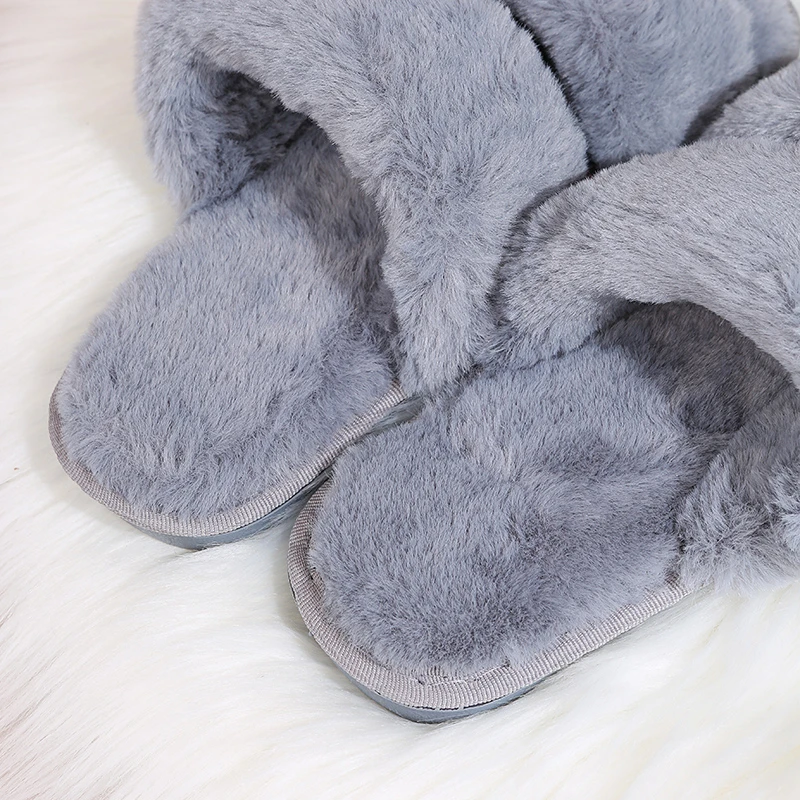 Autumn Winter Thick Faux Fur Fuzzy Slippers Home Cotton Shoes Women Butterfly Crystal Sweet Indoor Footwear Plush Flip Flops images - 6