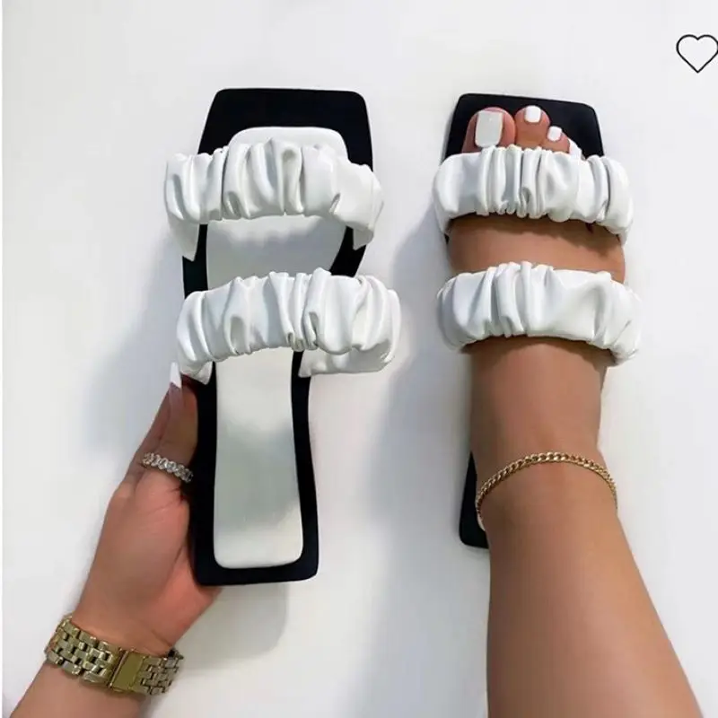 

2021 Women Pleated Slippers Summer Female Solid Flats Female Casual Open Toe Slides Africa Outdoor Shoes Ladies Footwear