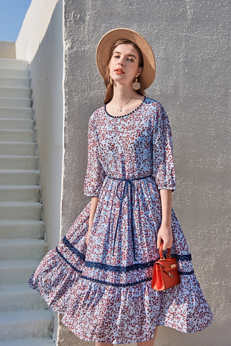 

100% Silk Women's Runway Dresses O Neck 3/4 Sleeves Piping Lace Patchwork Printed Fashion Casual Summer Dresses