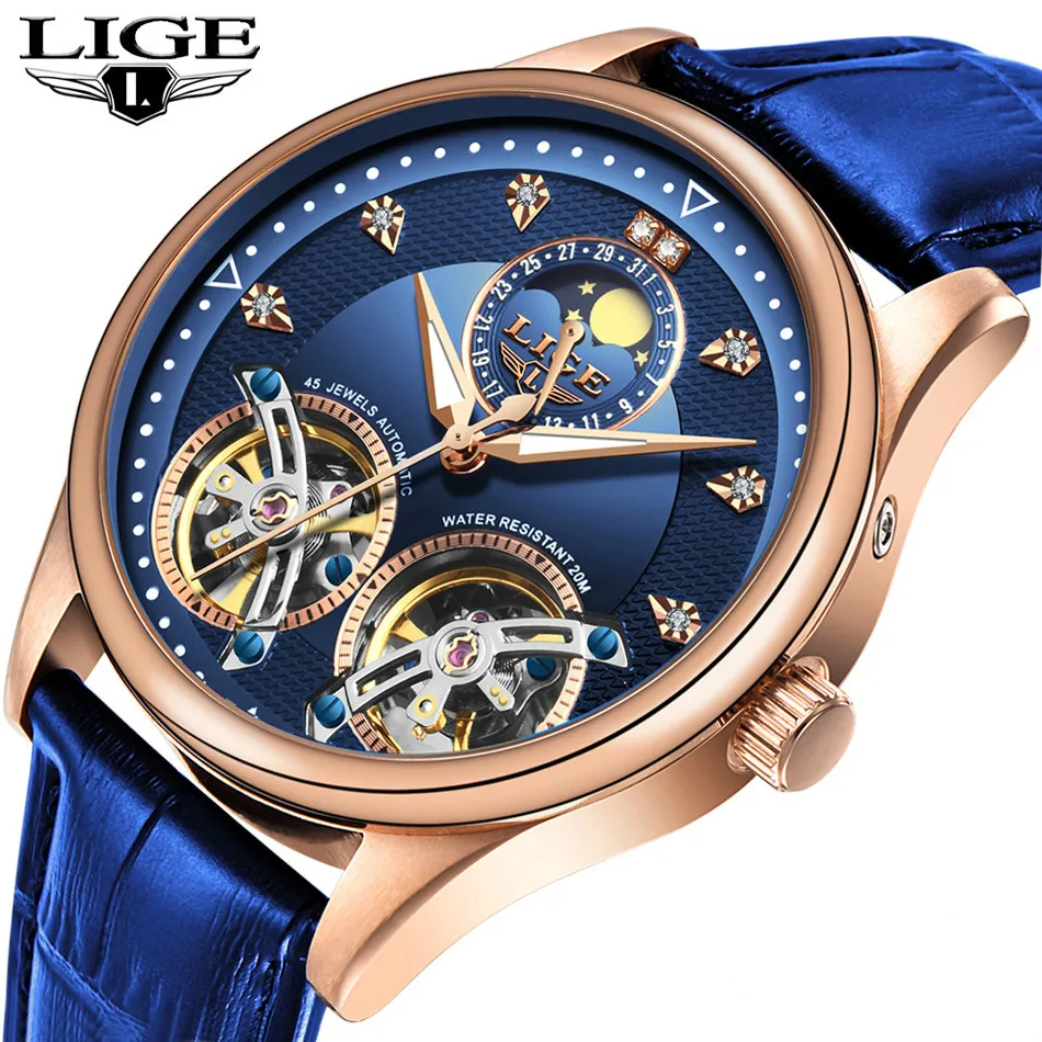 LIGE Брендовые мужские часы автоматические механические Tourbillon спортивные кожаные
