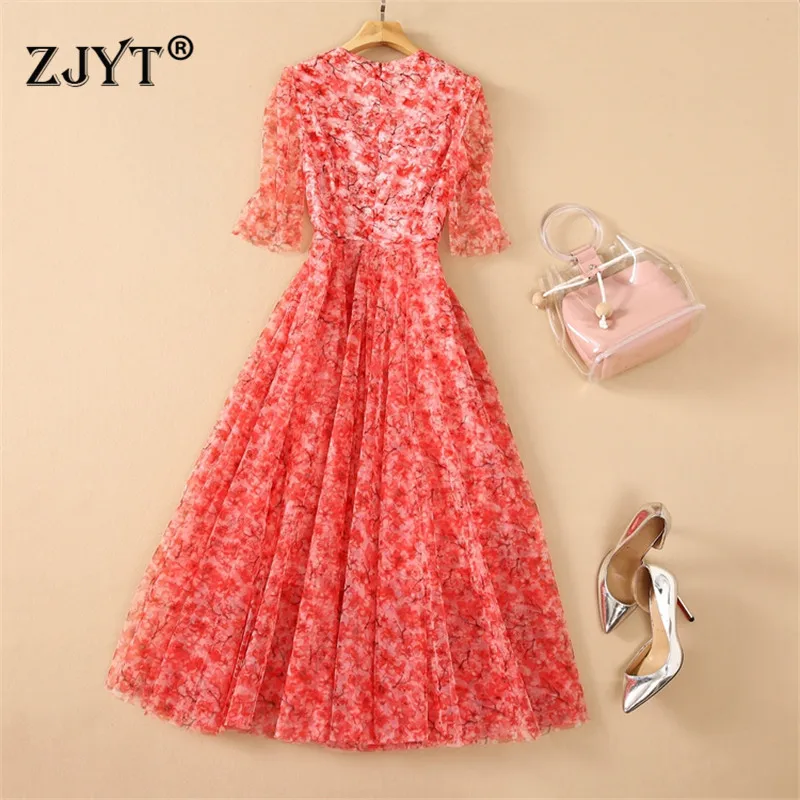 

Women's Elegant Square Collar Floral Mesh Long Celebrity Party Dress for Summer Fashion Female Clothing Sexy Sweet Robe Femme
