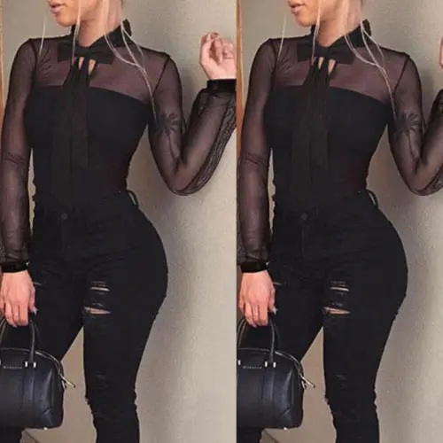 

Women Sexy Translucent Long Sleeve Front Bow Black Mesh Patchwork Stretch Elegant Bodysuit