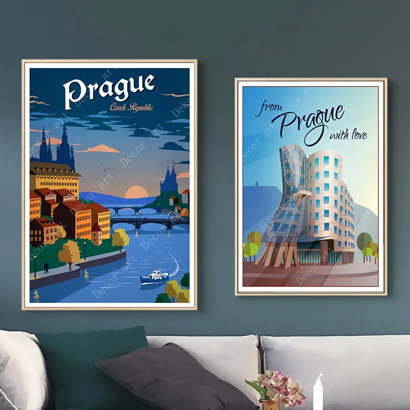 Чехословакия Прага закат квадратный путешествия холст картины винтажные стены
