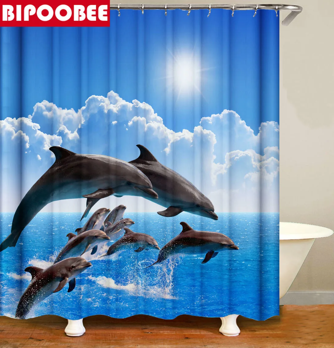 

Sunlight Ocean Sea Animal Dolphin Fish Waterproof Shower Curtain Bathroom Curtains Sea Scenery Bath Screen Bathroom Decor