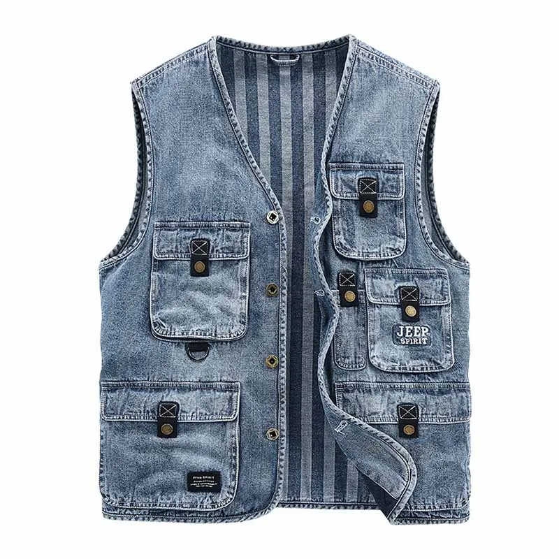

Mcikkny Fashion Men Spring Autumn Denim Vest Multi Pockets Washed Waistcoats For Male Sleeves Jeans Jackets Outdoor