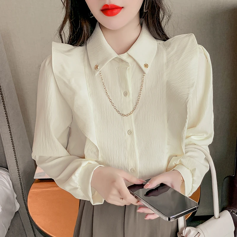 

Solid Women's Blouse Chiffon Polo Shirt Spring Autumn Casual Buttons Long Sleeve Top Clothing Houthion