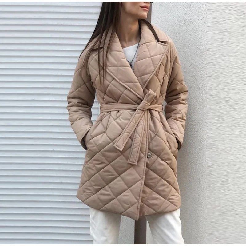 

Женское длинное зимнее пальто, повседневное пальто с алмазным узором, парка с карманами, индивидуальный воротник, женское универсальное мо...