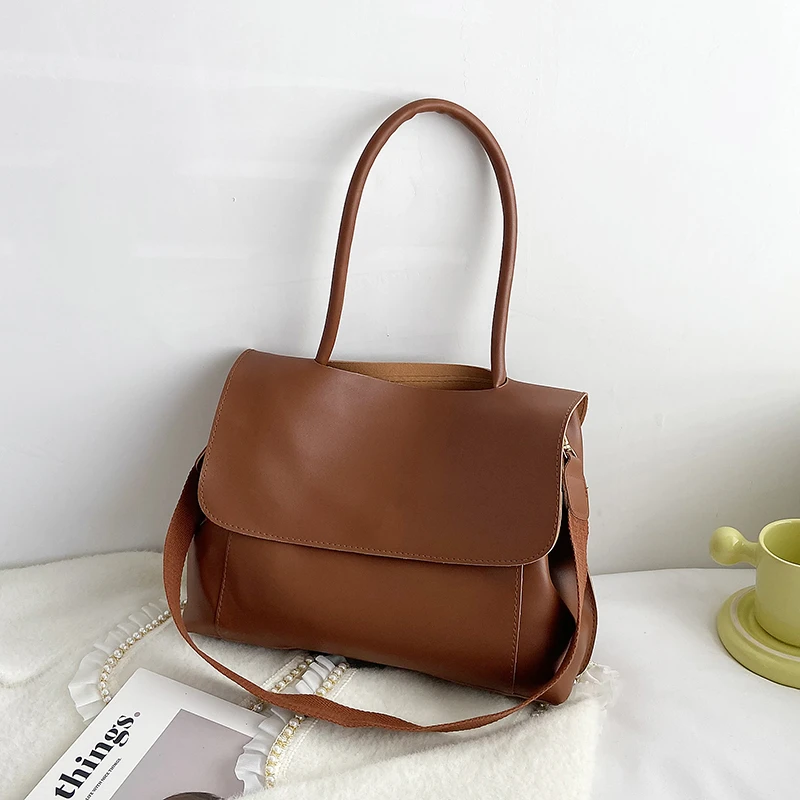 

Вместительные кожаные сумки на плечо для женщин 2021, роскошная брендовая дизайнерская женская сумка, однотонная Высококачественная сумка ч...