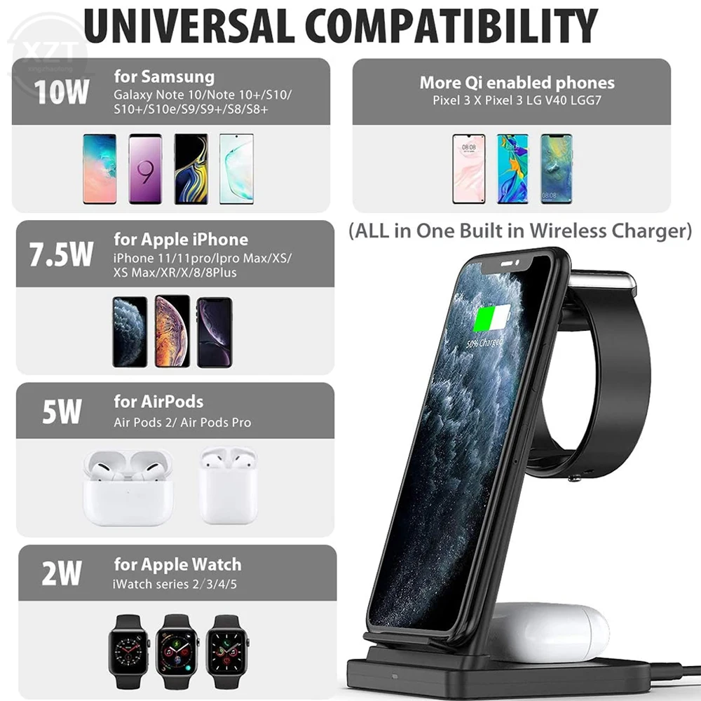 Складная Беспроводная зарядная станция 3 в 1 для iPhone11Pro/Xr/Xs/AirPods гарнитура/iWatch