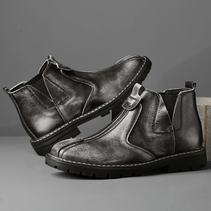 Ботинки Челси мужские из мягкой кожи черные/коричневые/серые на меху для весны и