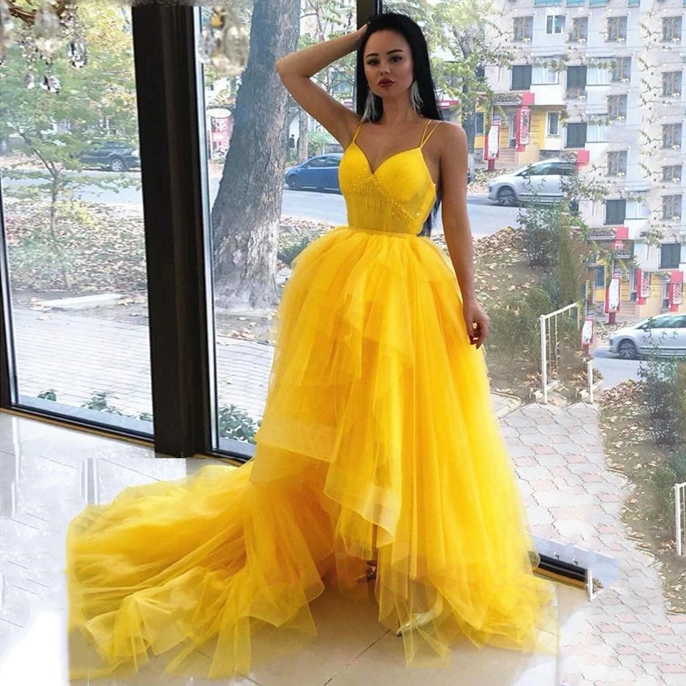 

Sexy Gold Backless High Low Prom Gowns Mesh Tiered Puffy Long Formal Event Party Dresses Beaded Women Dress Birthday