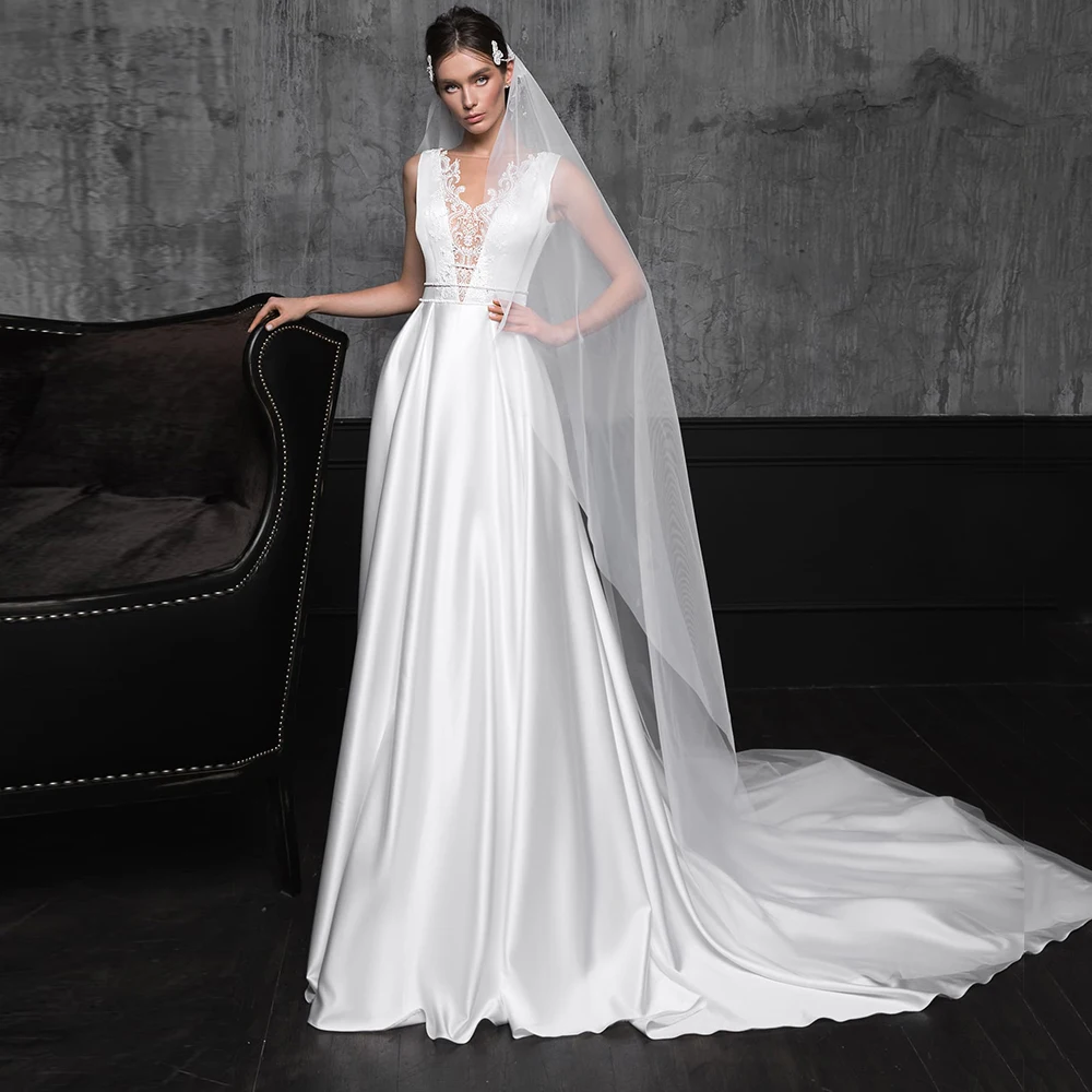 

Satin Simple White Bride Dress For Woman Sleeves Wedding Gown Sweep Train With Lace Floor Length Vestido De Novia 2021 New