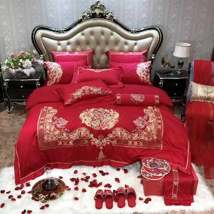 

Egyptian Cotton Luxury Embroidery Red Wedding Chinese Bedding set Duvet cover Bed Sheets,Silky Ultra soft Queen King size 4/6/9-