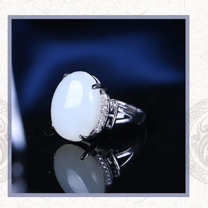 

S925 Sterling Silver Inlaid Natural Xinjiang Hetian Jade White Jade Ring High-end Atmosphere