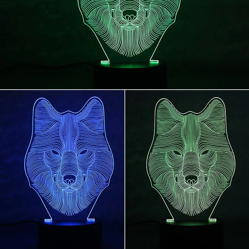 Красочные 3D ночной Светильник Волчья Голова Уход за глазами светодиодный