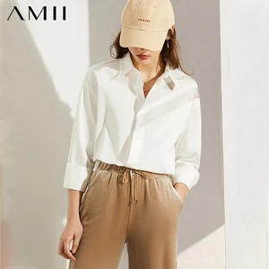 Весенняя Новинка, женская рубашка в стиле минимализма AMII, повседневная официальная Женская однобортная блузка с отворотом, женские топы 12040344