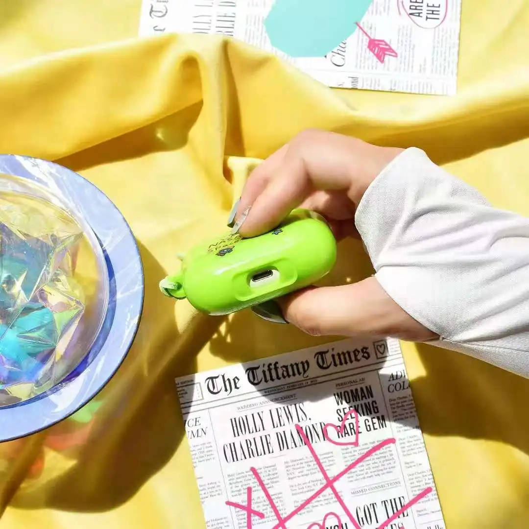 

For airpods case,Cute Cartoon Candy Green Colors Space bear Earphone Cases for Apple Airpods 1 2 Pro Protect Cover with rope