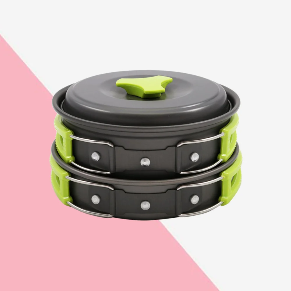 

10 Pcs 1-2 Person Outdoor Cookware Set Camping Cooking Pot Pan Bowl Set Camping Kit (Green Handle)