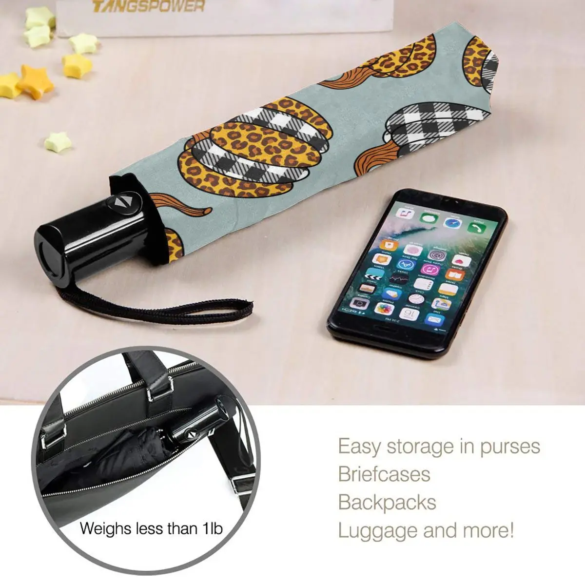 

Wind Resistant Fully-Automatic Umbrella Leopard Plaid Pumpkin Farmhouse Rain 3 Folding Parasol Travel Car Umbrella