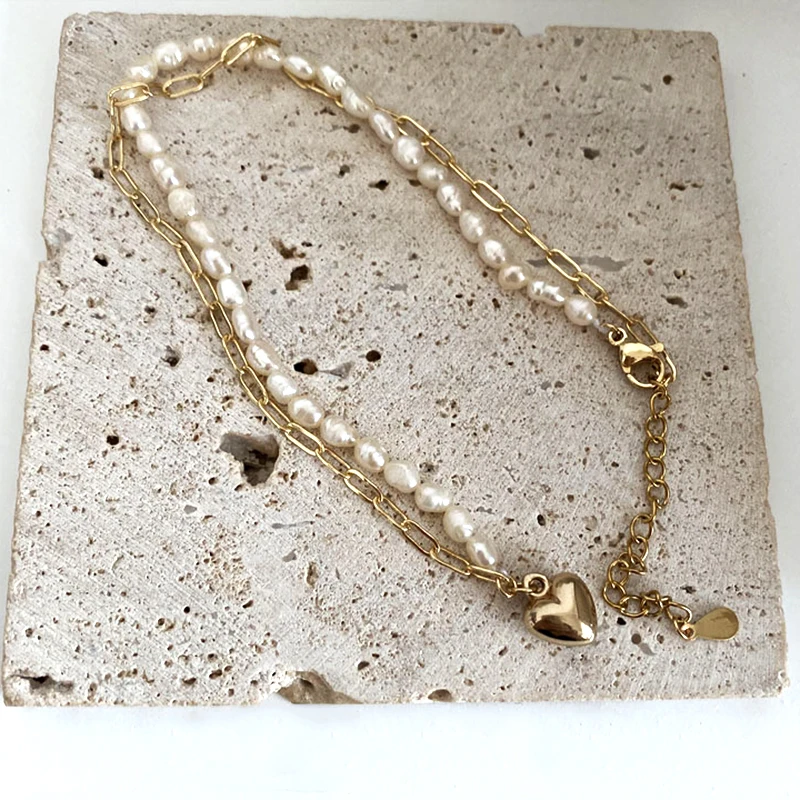 

Trendy Fine Heart Pendant Baroque Pearl Chain Pendant Necklace for Women Accessories Korean Fashion Jewelry Weddings Party Gift