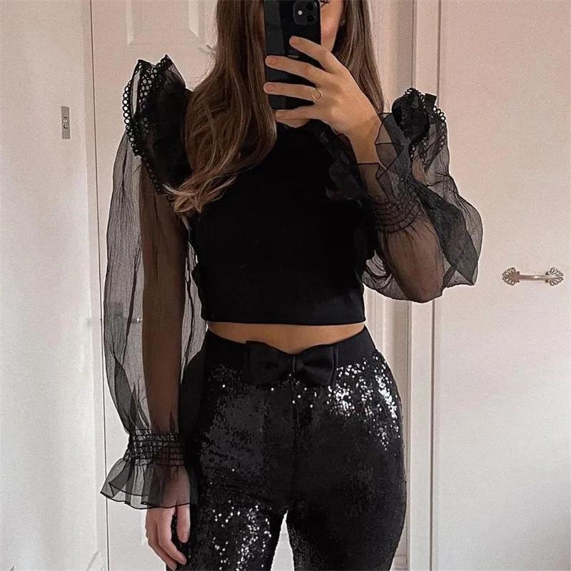 

Snican Transparent Oganza Ruffle Sleeve Black Shirts Patchwork Spliced Velvet Blouse Sexy Short shirts Spring Za 2021 Tops Blusa