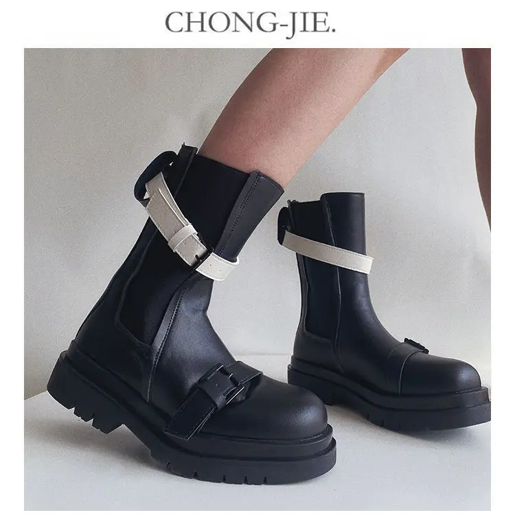 

2021 Autumn New Platform Chelsea Martens Boots Women's British Trendy Black Mid-Calf Length Smoke Pipe Ankle Single Belt Buckle