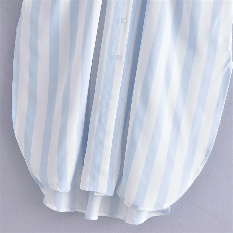 

PUWD Elegant Women Loose Blue Striped Side Slit Shirt Dress 2021 Spring Fashion Female Lacing Dresses Ladies High Waist Dress
