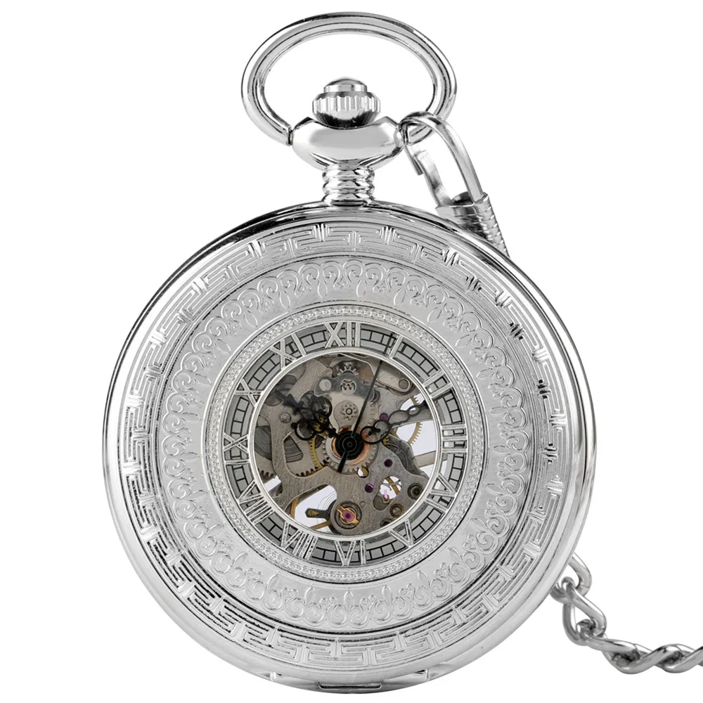 Classic Silver Mechanical Hand Wind Pocket Watch Roman Number FOB Pendant Chain Exquisite Pattern Half Hunter Pocket Timepiece