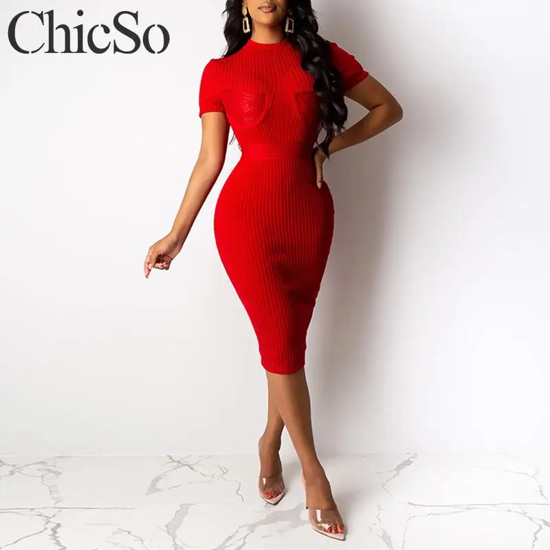 Женское трикотажное платье миди MissyChilli Красное Облегающее Платье с высокой