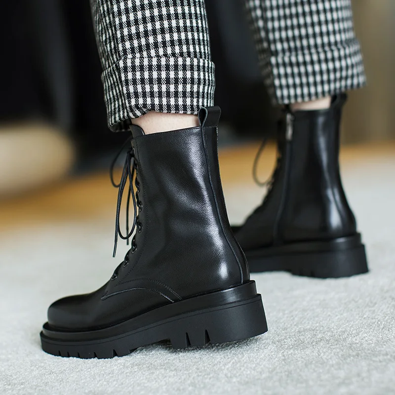 spesifikasi Sepatu Bot Martin Kulit Sapi Asli Sepatu Bot Tunggal Ujung Bundar Gaya Inggris Musim Gugur 2020 Bawah Tebal Wanita