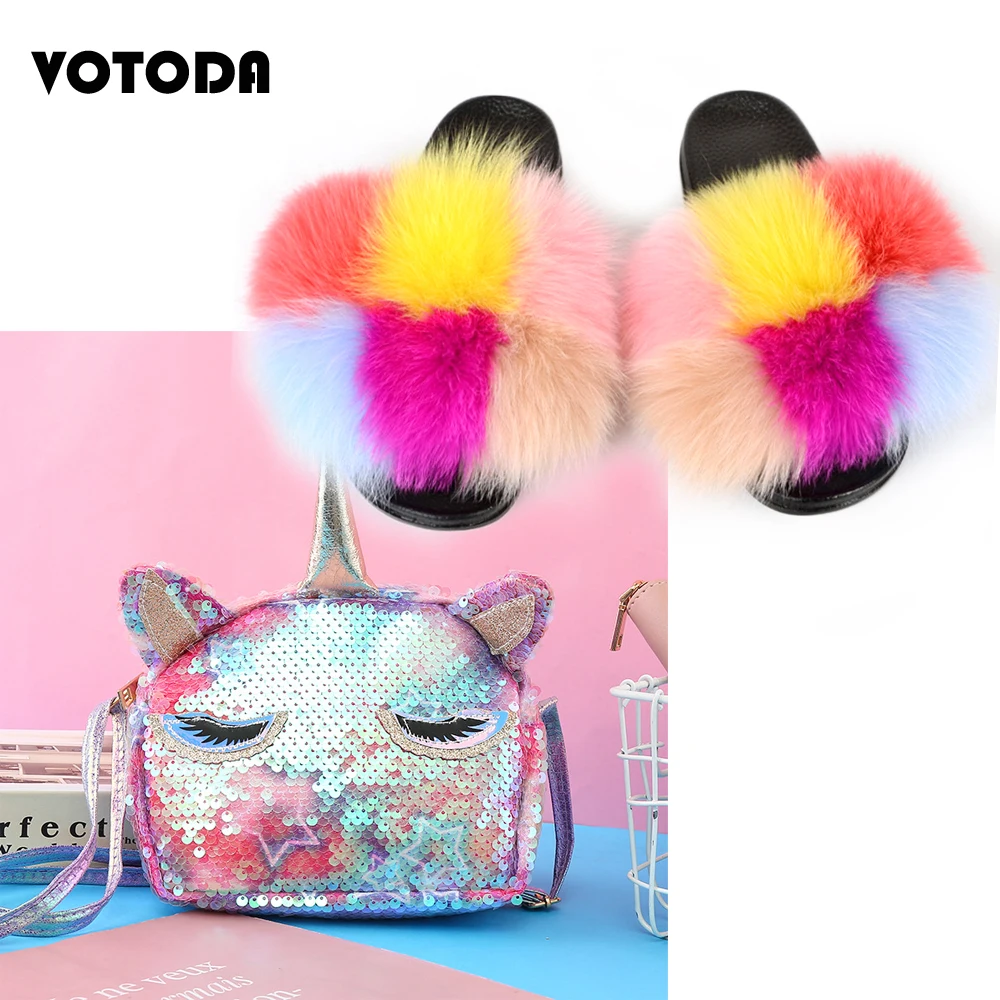 

kids Unicorn Bag Cartoon Cute Backpack Children's Real Fox Fur Slippers Girls Fluffy Indoor Flat Shoes Sequins Wallet Slides Set