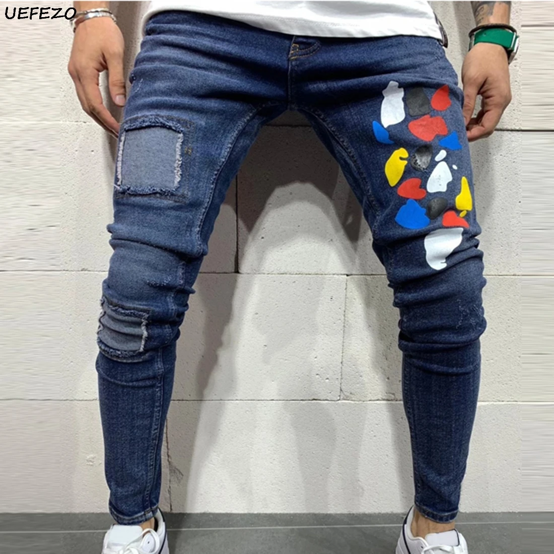 Джинсы UEFEZO мужские рваные зауженные брюки из денима байкерские джинсы с дырками