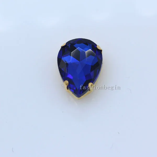 sapphire 20p 10x14 мм каплевидный цвет, заостренный стеклянный камень, пришитые хрустальные стразы, каплевидные драгоценности, Золотая пуговица для свадебного платья - Цвет: sapphire