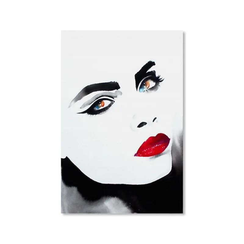 Скандинавская черно-белая акварельная картина на холсте красные губы красивые