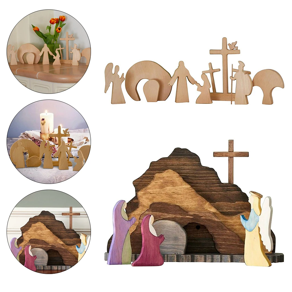 

Wooden Easter Scene Simple Statue Easter Resurrection Scene Micro Landscape Decoration Wooden Cross Resurrection Scene Decor