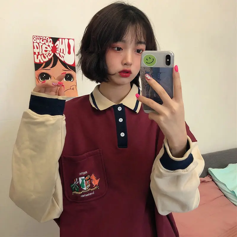 HOUZHOU Women Sweetshirts Kawaii Harajuku Pullovers Polo Sudaderas Vintage Clothes Korean Fashion Street Style Tops Patchwork