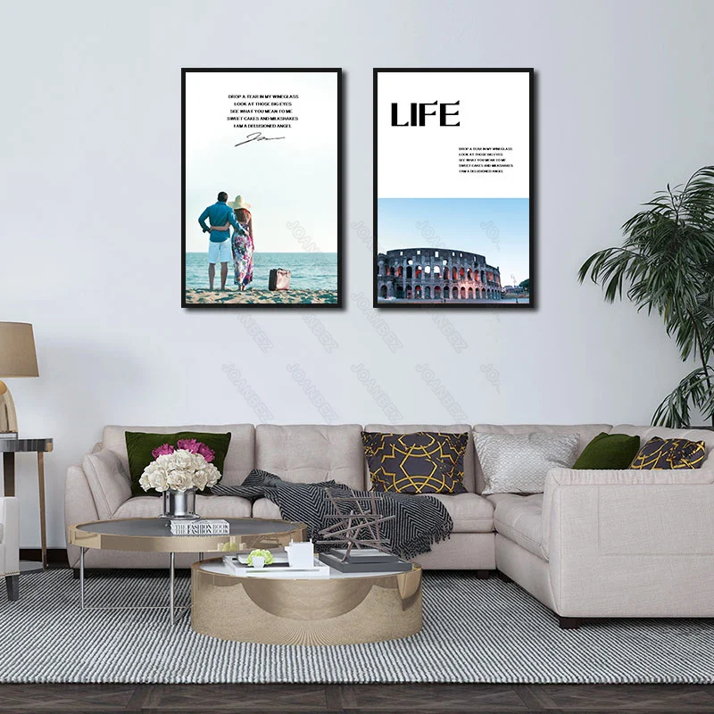 

European Couple Watching The Sea with Standing Architectural Landscape White English Poster Living Room Decorative Wall