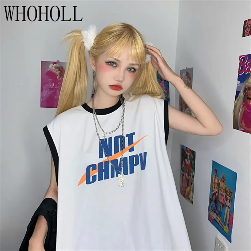 

WHOHOLL Vest Women's Summer Simple Letters Print Loose Casual Student Sleeveless Sports T-shirt Tank Tops