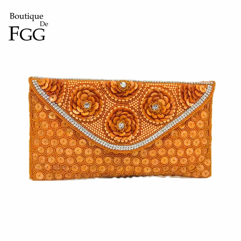 

Boutique De FGG Vintage Hand Made Orange Beading Flower Crystal Evening Purse Women Wedding Party Beaded Envelope Clutch Handbag