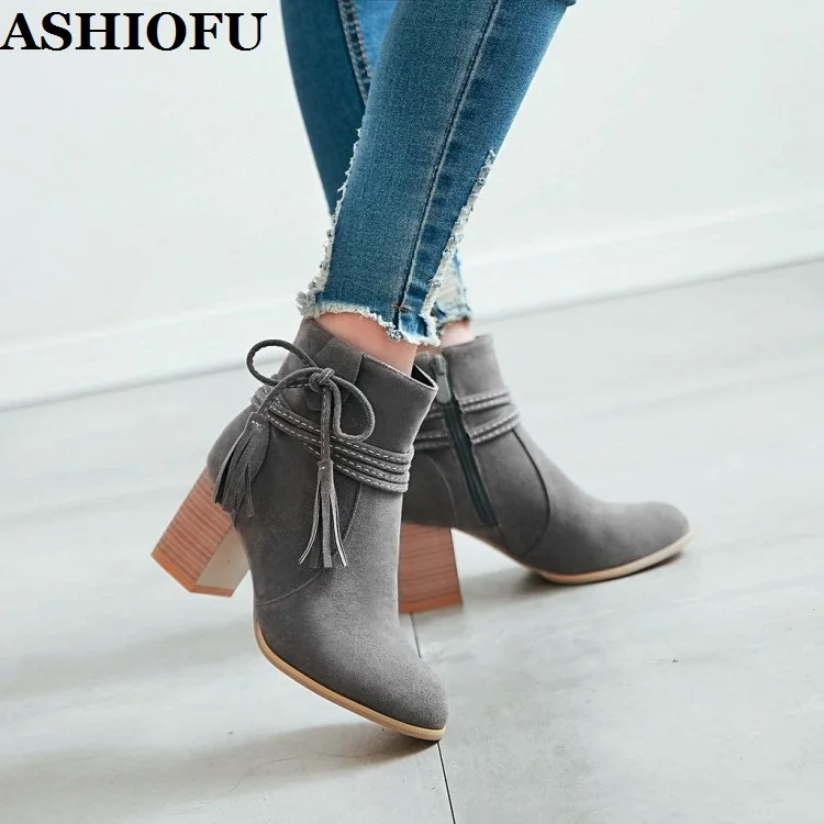 

ASHIOFU 2020 New Handmade Ladies Chunky Heels Boots Shoelace Tassels Party Prom Ankle Booties Winter Evening Club Fashion Boots