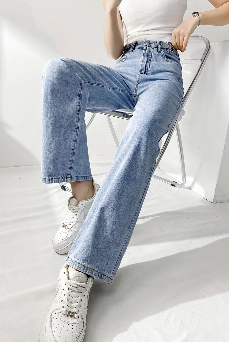 

TongSiHai Jeans for Women Ladies Fashion Adjustable Waist Straight Denim Pants Teen Girls Loose High Waist Jean Streetwear S-5XL