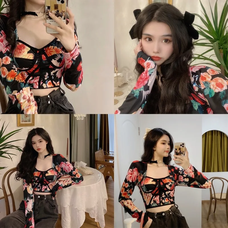 

New Blusas Mujer De Moda 2021 Long Sleeve Vintage Style Slim Crop Top Spring Autumn Shirts Fashion Brand Blouses Floral