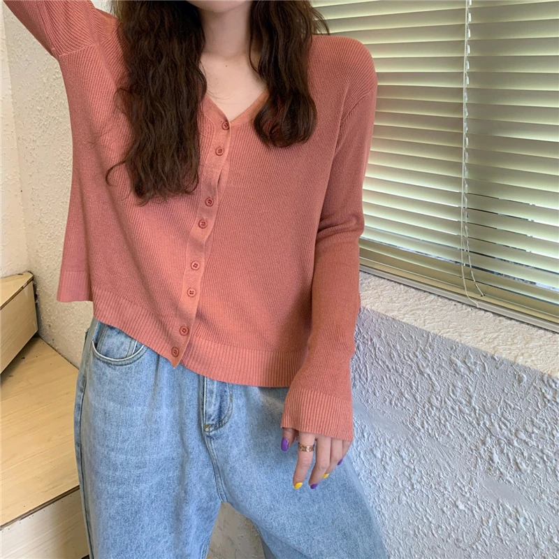 

V Neck Women Button Solid Color Cardigan 2021 Long Sleeve Sweater Autumn Winter Knitted Loose Oversized Jumper Casual Top Y271