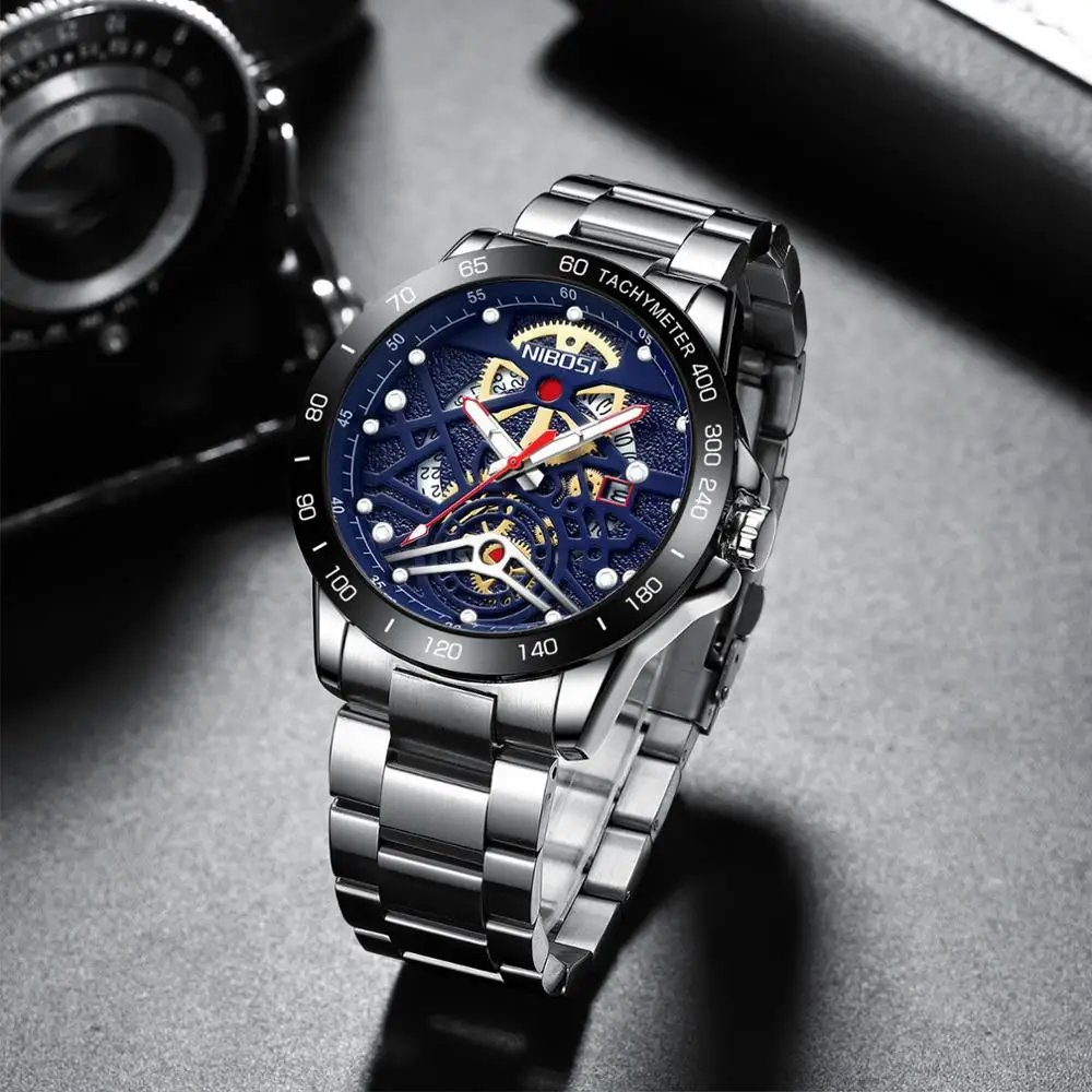 Наручные часы скелетоны NIBOSI из нержавеющей стали оригинальные наручные мужские