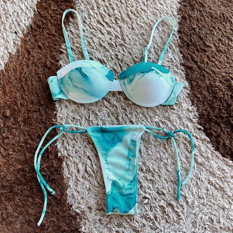 

Women's Sexy Swimsuit Thin Strap Tie-Dye Bikini Suit Steel Ring Swimsuit