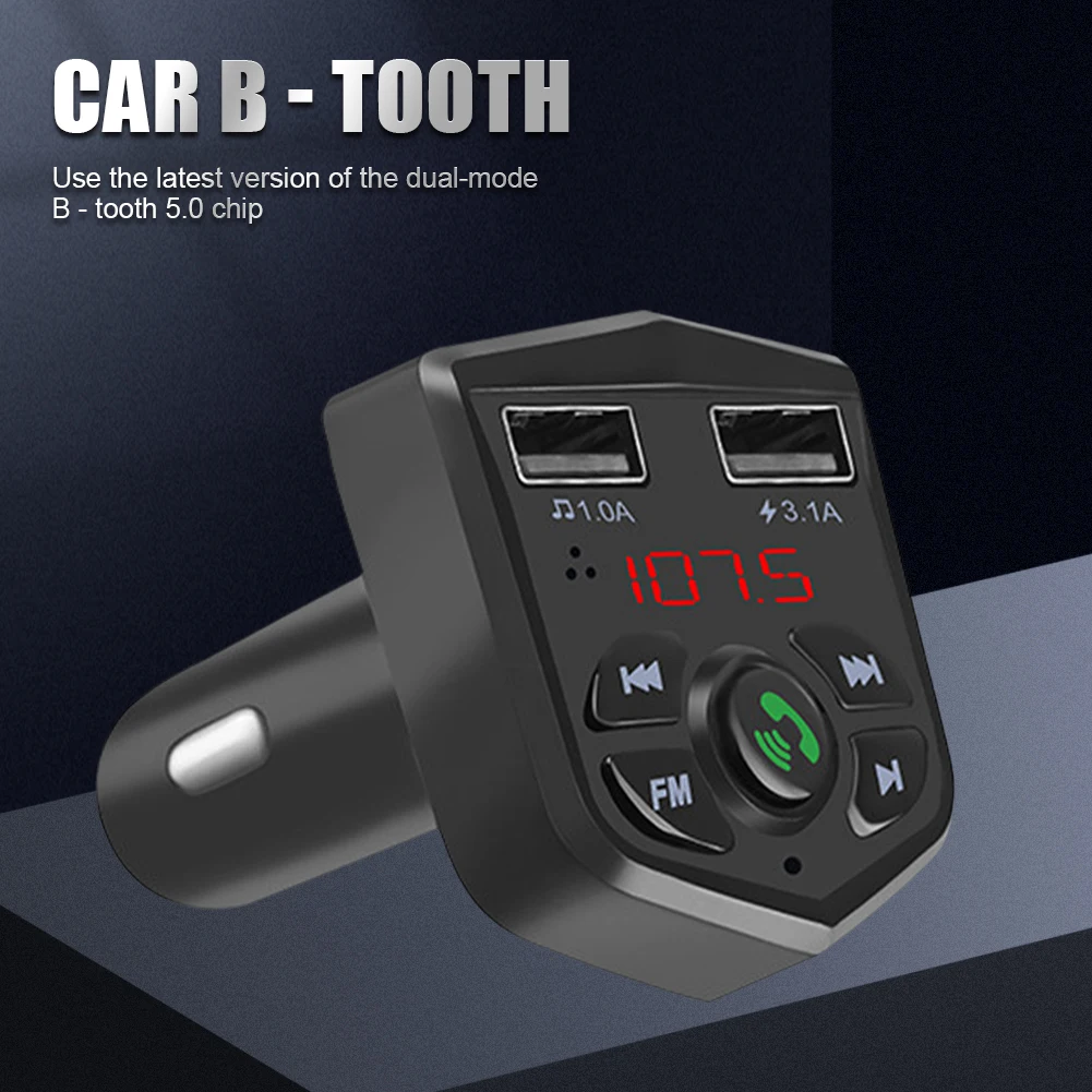 

Car FM Transmitter 12-24V Bluetooth-Compatible Dual USB Ports Car MP3 Player with Mic LED Voltmeter Supports FM TF/USB Input Kit