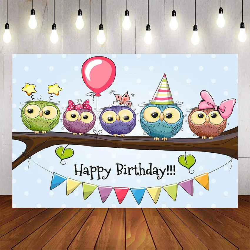 Фон для фотосъемки с милыми рисунками совы флага шара днем рождения фотостудия