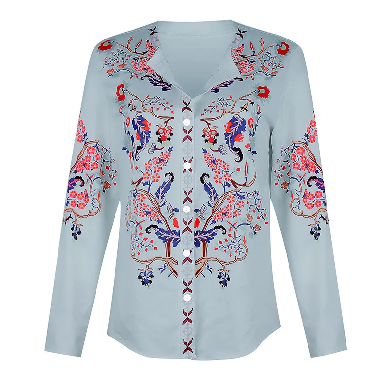 

Ladies Printed Shirt Loose Regular Long-Sleeved Stand-Up Collar Single-Breasted Fashion Ladies Party Outdoor Formal Wear New