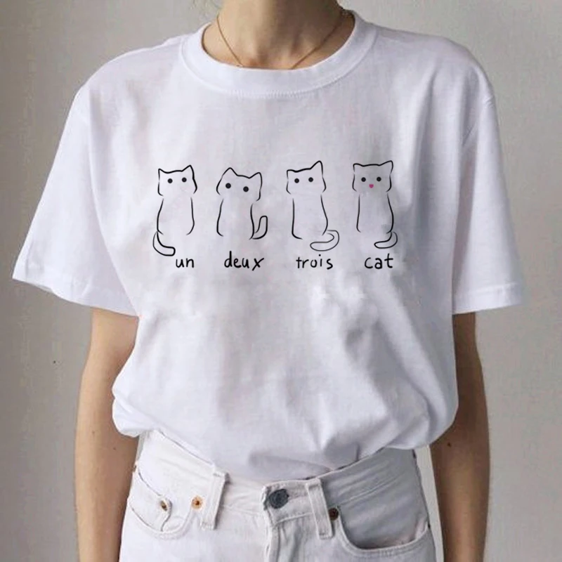 Kawaii Cat забавная мультяшная футболка Женская Harajuku Ullzang Повседневная футболка Милая футболка с принтом 90s Модные эстетические футболки женские